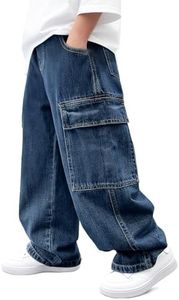 Haloumoning Boys Cargo Jeans Kids Baggy Elastic Waist Wide Leg Denim Pants with Pockets 5-14 Years Blue