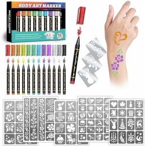 Temporary Tattoo Markers, 12 Metallic Markers and 155 Tattoo Stencil Designs, Cosmetic Tattoos Pens for Kids and Adults
