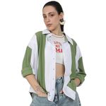 Campus Sutra Women's Pistachio Green & Powder White Boxy Striped Shirt for Casual Wear | Spread Collar | Cuffed Sleeves | Button Closure | Shirt Crafted with Comfort Fit for Everyday Wear