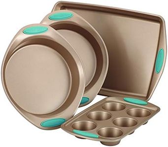 Rachael Ray 52389 Cucina 4-Piece Bakeware Set, Latte Brown with Agave Blue Handle Grips