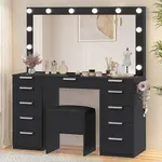 DWVO Vanity Desk Set with Large Mirror & 3-Color Light Bulbs, Wide Top Makeup Vanity with Charging Station, 11 Drawers, and Storage Bench for Bedroom