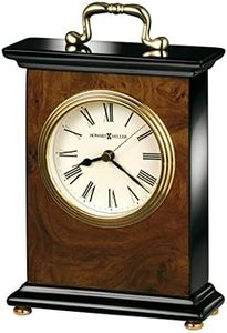 Howard Miller Berkley Table Clock - Roman Numerals Walnut Wood Finish Desk Clock- Vintage Mantel Clock with Brass Handle - Silent Quartz Movement Desk Clocks for Home, Office, Bedroom, Living Room
