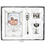 Beautiful Boxed Silver Plated Christening Day Gift Set - 4-Piece, Includes Egg Cup, Spoon, Baby Photo frame, Napkin Ring in Presentation Gift Box.