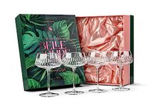 GLASSIQUE CADEAU Vintage Flamingo Belle Coupe Glasses for Cocktails and Champagne | Set of 4 | 12 oz Crystal Retro Style Stemmed Saucers for Elegant Bar Drinks | Tropical Glassware Collection