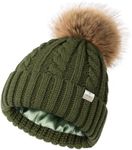 YANIBEST Winter Hats for Women Satin Lined Knitted Beanie Hat Warm Soft Ski Cuff Cap with Pom Pom Green