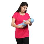 Sillyboom Premium Cotton Solid Women's Pregnancy Maternity Feeding T-Shirt, Nursing Top Tee Round Neck Half Sleeves T-Shirt for Pregnant Women (Pink, M)