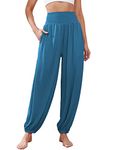 Famulily Boho Harem Pants for Women Smocked Elastic High Waistband Solid Color Stretchy Ankles Loose Gypsy Jogger Yoga Trousers Beach Palazzo Blue L