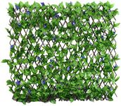 Expanding Trellis Willow Fence Screen Artificial Plant Leaves & Flowers Expandable Privacy for Garden Faux Panel, Decorative Artificial Hedges Outdoor 1M x 2M (Not expanded) (Green W Blue Flowers)