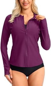 SANTINY Women's Rash Guard UPF50+ SPF UV Protection Long Sleeve Swimsuit Top with Pockets Zip Front Swim Shirts Woman (Fuchsia_3XL)