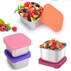 4 Pack Stainless Steel Snack Containers, Leak Proof Food Storage Containers Metal Kids Snack Containers with Silicone Lids, for Daycare, School Travel(6oz) (pink, orange, rose red, purple)