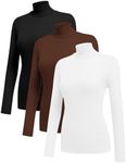 Ekouaer Women 3 Pack Turtleneck Shirts Ribbed Thermal Underwear Tops Lightweight Long Sleeve Layer Tees Basic Pullover Blouse S (Black + White + Brown)