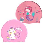 2 Pack Silicone Swimming Cap for Kids Waterproof Bathing Cap for Children Cartooon Mermaid Unicorn Pattern Swimming Cap for Boys and Girls Aged 5-12