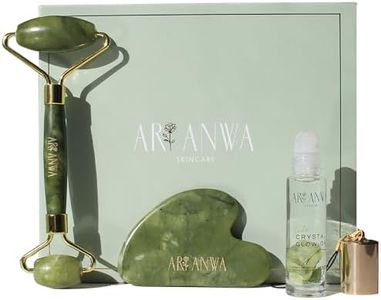 ARI ANWA Jade Roller & Gua Sha Set – Echter Jade Roller + Gua Sha Jade Stein | Rosenwasser Roll-On Glow Kit | Gesichtsmassage für Lymphdrainage & Glow | inkl. Bag Charm