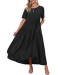 YESNO Women Dresses Casual Plus Size Bohemian Short Sleeve Floral Long Maxi Summer Beach Swing Dress/Pockets S EJFUK Black