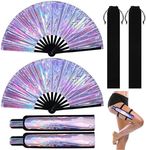 Anglechic 6 Pcs Large Rave Fan Set with Folding Hand Fan, Fan Holster for Festival Party (Holographic Silver)