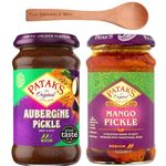 Pataks bundle contains Mango Pickle 312g and Aubergine Pickle 283g, Wooden Spoon