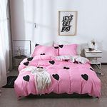 Erosebridal Girls Pink Comforter Cover Full Size Black Love Pattern Girly Bedding Set for Kids Child Teens Cartoon Lightweight Grey Reversible Duvet Cover Soft Microfiber Bedclothes Fashion Room Decor