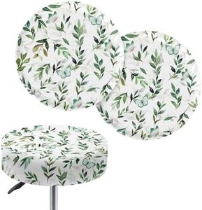 NETILGEN 2 Pack Round Stool Seat Covers Chair Seat Cushion Slipcover Stretchy Stain Resistant Anti-Slip Breathable Barstool Protective Cover for Round Bar Stool, Green Leaf Butterfly