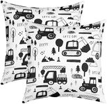 Construction Pillow Cases Cushion Covers Equipment Trucks Throw Pillow Covers 22"x22" Set of 2 Kids Decor Cartoon Car Excavator Tractor Decorative Throw Pillowcases Black White Cushion Cases Bedroom