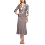 Alex Evenings Women's Tea Length Mock Jacket Dress with Button Front (Petite and Regular Sizes) Special Occasion, Pewter/Frost, 14