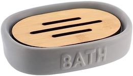 Bath D Soap Dish Cup Dispenser Grey and Bamboo Tray