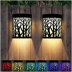 DenicMic Solar Wall Lights Outdoor Wall Sconce Fence Lighting for Patio Front Door Yard Deck Stair Led Forest Decorative Lamps, Waterproof, Warm White/Color Changing (2 Pack)