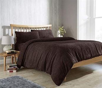 Feathers & Linens TEDDY BEAR FUR SHERPA FLEECE DUVET COVER, FITTED SHEET & PILLOWCASE BEDDING BED LINEN SET (Brown, Double Duvet Cover)