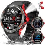 Military Smart Watches for Men with LED Flashlight (3 Flashlight Modes) 3ATM Waterproof Tactical Smart Watch with Compass 500mAh Fitness Tracker with Heart Rate Monitor for iPhone Android (Red)