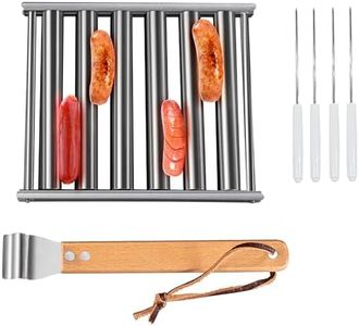 Hot Dog Roller with 4 Sticks,Stainless Steel BBQ Sausage Roller Grill with Long Wooden Handle, Sausage Roller Holder Rack,Portable BBQ Hot Dog Griller, Camping Essentials Accessories for Evenly Cooked