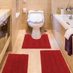 Striped Ultra Soft Bathroom Rugs and Mats Set 3 Pieces Bathroom Rug Set Red, Thick Chenille Bath Rugs Non Slip Bath Mats for Bathroom, Toilet, Bedroom, Kitchen, Burgundy