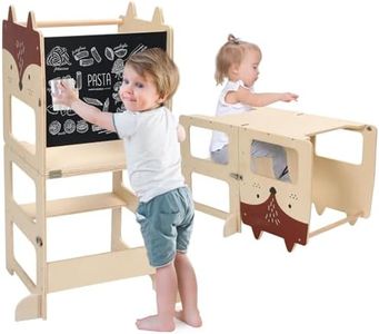 Kids Step Stool, Kitchen Stool, Aid for Toddlers, Wooden Learning Standing Tower with Chalkboard, Foldable Toddler Table and Chair Set, 2 in 1 Helper Standing Tower with Message Boards for 18 Months