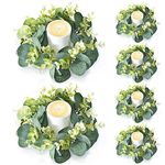 IWNTWY 6Pcs Candle Rings, Artificial Eucalyptus Wreath Candles Wreaths, Small Greenery Farmhouse Wreath for Door Wedding Centerpieces Home Party Table Decor, 4" ID / 9.8" OD