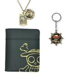 Bigemo 1 Piece Wallet Luffy Anime Wallet Straw Hat Pirates Jolly Roger Anime Wallet with 1 Piece Luffy Skeleton Pendant Necklace & Luffy Keychain for Men Boys Girls Women, Black-skull, Bifold