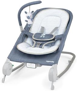 Ingenuity Gas Relief and Anti-Colic Baby Bouncer Seat and Rocker, Gentle Belly Message to Relax and Soothe Bellies, Instant Tummy Soother, 20 Songs and Melodies – Chambray Blue