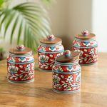 ExclusiveLane 'Mughal' Floral Handpainted Multi-Utility Storage Ceramic Jars & Containers With Wooden Lid Ceramic Jars For Kitchen Storage Snacks Jar (Set Of 4,Airtight,410 Ml,5.2 Inch),Multicolor