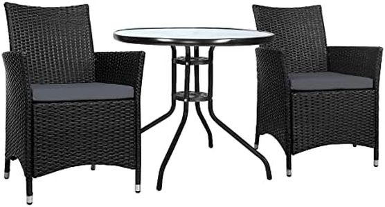 Gardeon 3pcs Wicker Patio Furniture, Bistro Set Table and Chairs Outdoor Lounge Setting Conversation Sets Dining Chair Garden Backyard, Cushion with Rattan Coffee Table Glass Tabletop Black Idris