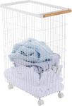 Yamazaki Home 4778 Wire Slim Saving Rolling Wheeled Clothing Hamper | Steel + Wood | Laundry Basket, Alloy, White
