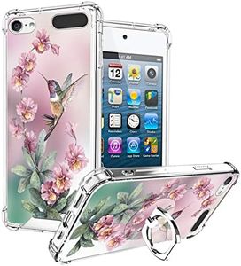 OOK Compatible with iPod Touch5/6/7 Generation Case Ring Holder for Girls Woman,Soft TPU Bumper PC Back Shockproof Protective Case-Pink Hummingbird