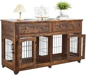 2 Rooms Dog Crate Furniture for Big Breed,58" Wooden Dog Crate Table with 2 Drawers,Indoor Dog Kennel,Dog House,Dog Cage,TV Stand (Brown)