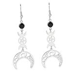 unift Triple Moon Goddess Earrings For Women Girl Stainless Steel Gothic Style Hollow Out Moon Rune Black Crystal Drop Earrings Amulet Wicca Jewelry, Stainless Steel, No Gemstone, silver