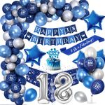 TOLOYE 18th Birthday Party Decorations Men,Royal Blue Balloon Arch Kit with Happy Birthday Banner,Cake Topper,Tablecloth,Birthday Sash,Chrome Blue Silver Birthday Party Decor