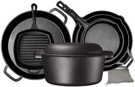 Bruntmor 8 Piece Cast Iron Cookware Set - Pre-Seasoned Pots and Pans Set with Cast Iron Skillets, Grill Pan, Dutch Oven, Pizza Pan, and Scrubber - Heavy Duty Cooking for Home Kitchen or Camping