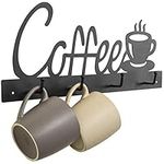 MyGift Black Metal Coffee Mug Rack Wall Mounted Holder with 4 Hooks and Coffee Word Sign and Cup Cutout Design