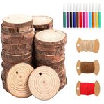 HOHOTIME Natural Wood Slices, 50 PCS 2.4''-2.8'' Unfinished Predrilled with Hole Wood Discs with Twine, Round Wood Circles DIY Craft Kit for Wedding Decoration Christmas Ornaments