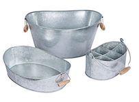 BirdRock Home Galvanized beverage tub w/ stand BirdRock Home Galvanized Beverage Tub, Caddy and Tray Set | 3 Piece | Party Tray Platter Drink Holder | Silverware Caddy | Wooden Handles