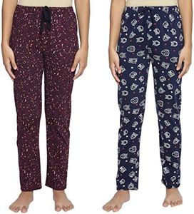 Real Basics Women's Cotton Printed Casual Style Pyjama Pack Of 2(Rb-W-Pj(Ps)-L-P2-(Red Print+Blue Print)_Multicolor_L)