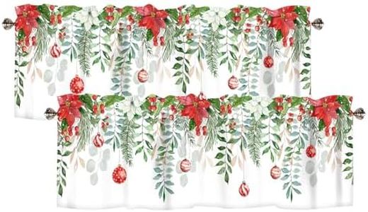 AYTTBIS Christmas Green Leaves Curtain Valance for Windows Poinsettia Flower Balls Rod Pocket Window Treatments 2 Pack Short Curtains for Kitchen Windows Bathroom Bedroom,54 x 18 Inch