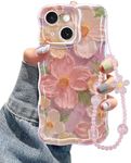 Jusy Oil Painting Flower Compatible with iPhone 15 Case, with Bracelet Chain, Colorful Retro Floral Cute Curly Wave Frame Women Girls-Pink