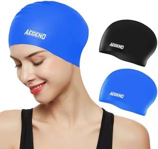Aegend Swim Caps for Long Hair (2 Pack), Durable Silicone Swimming Caps with Spacious Space for Women Men Adults, Easy to Put On and Off, Black Blue