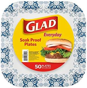 Glad Printed Disposable Paper Plates, 50 Count 10 Inch | Heavy Duty Paper Plates with Beautiful Printed Design, Soak Proof | 50 Count Square Paper Plates | Disposable Plates, Party Paper Plates Blue
